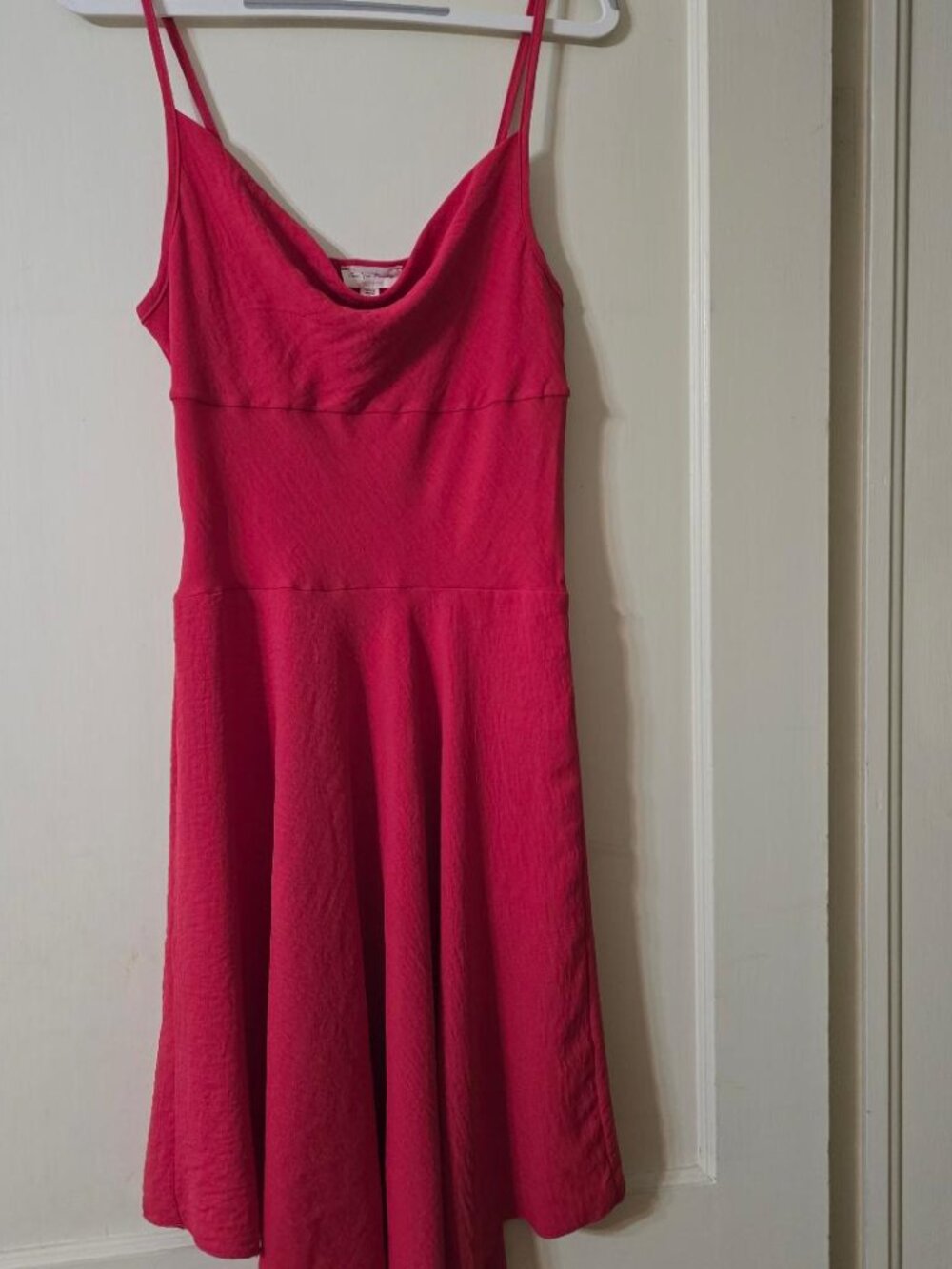 L See You Monday Red Dress Cowl Neckline Skater Fit & Flare Spaghetti Straps.